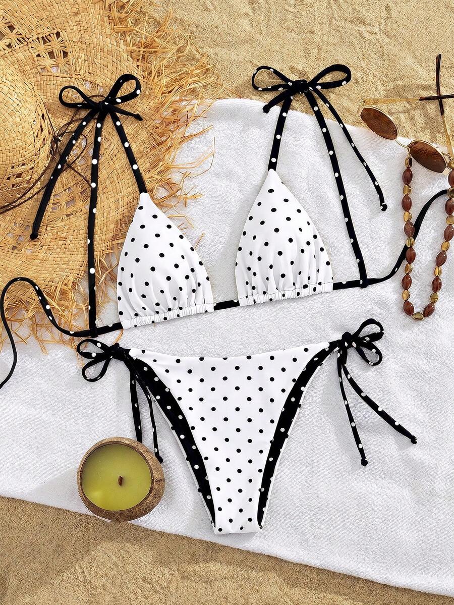 Womens Fashionable Sweet Shoulder Tie Side Bow Bikini Swimwear Removable Padded Two Piece Swimsuit Set