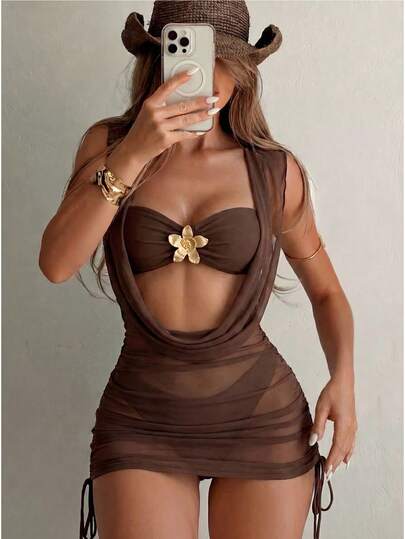 Swim Vcay Women's Summer Holiday Beach Holiday Metal Decor Spaghetti Strap Bikini Set And Cover Up Set Brown And Gold