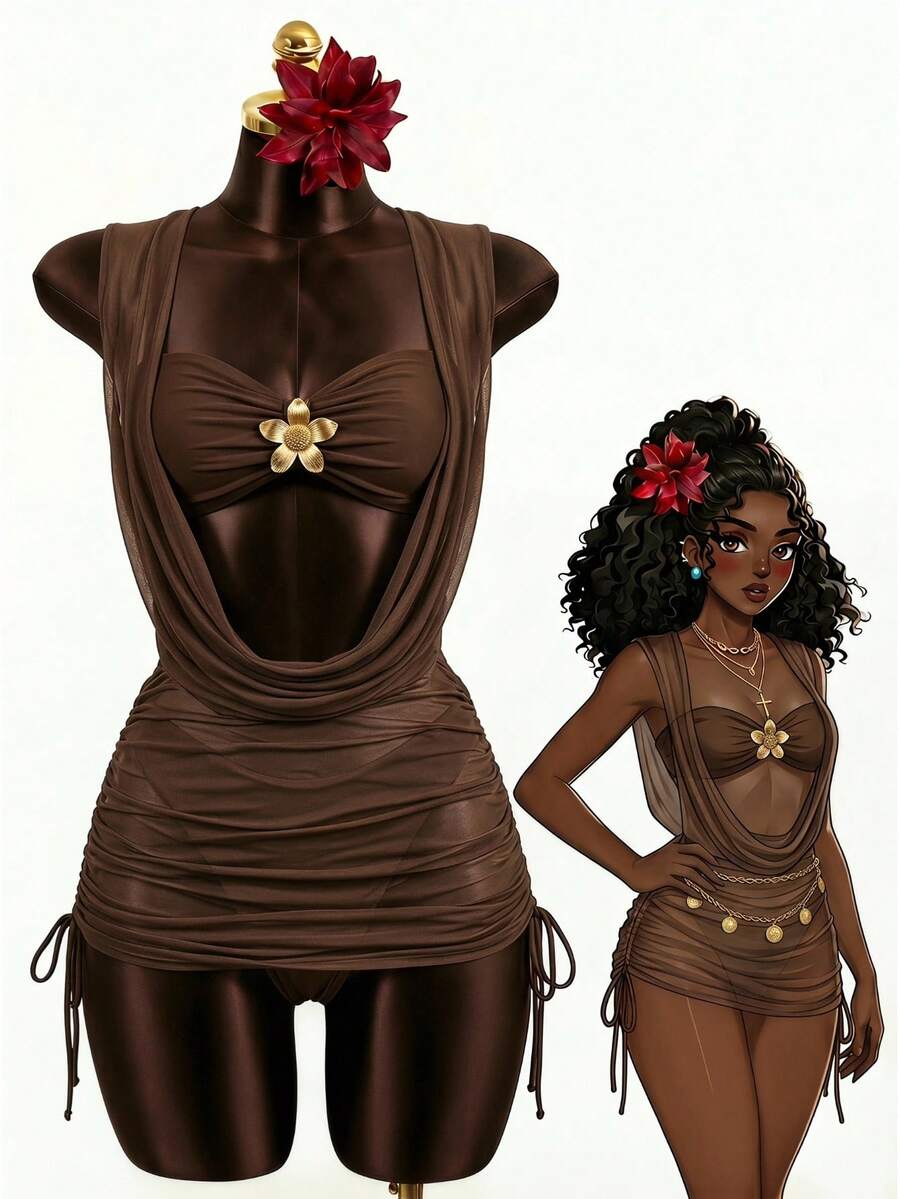 Swim Vcay Women's Summer Holiday Beach Holiday Metal Decor Spaghetti Strap Bikini Set And Cover Up Set Brown And Gold