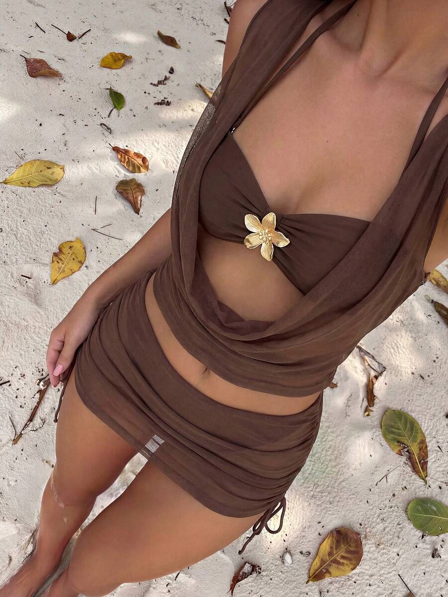 Swim Vcay Women's Summer Holiday Beach Holiday Metal Decor Spaghetti Strap Bikini Set And Cover Up Set Brown And Gold