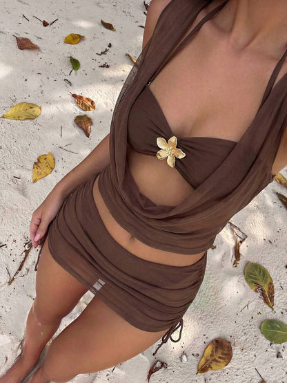 Swim Vcay Women's Summer Holiday Beach Holiday Metal Decor Spaghetti Strap Bikini Set And Cover Up Set Brown And Gold