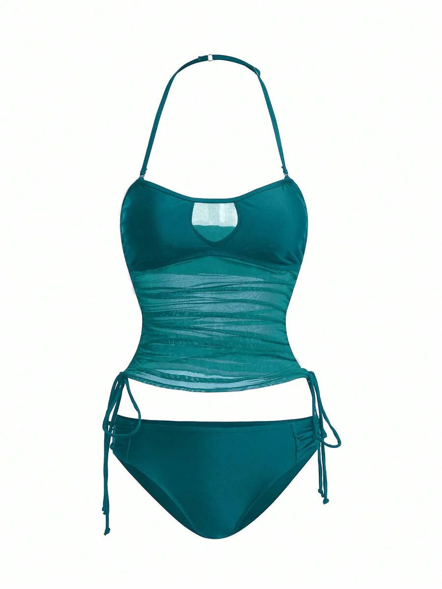 Women's 2-Piece Tankini Set - Detachable Strap Bandeau, Contrast Mesh, Navy Blue