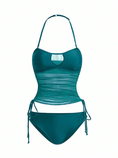 Women's 2-Piece Tankini Set - Detachable Strap Bandeau, Contrast Mesh, Navy Blue