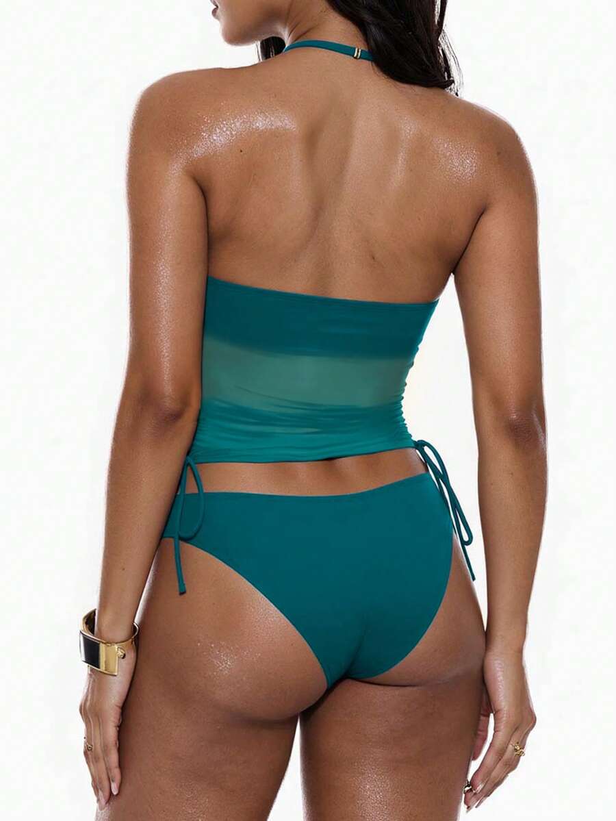 Women's 2-Piece Tankini Set - Detachable Strap Bandeau, Contrast Mesh, Navy Blue
