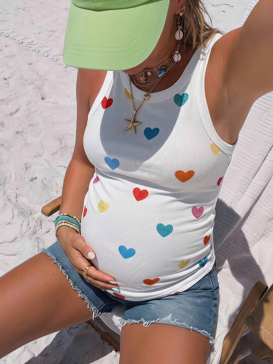 White Heart Print Maternity Tank Top - Slim Fit Round Neck Knitted Sleeveless Shirt - High Stretch Casual Beach and Baby Shower Top