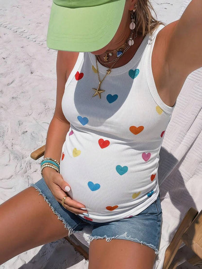 White Heart Print Maternity Tank Top - Slim Fit Round Neck Knitted Sleeveless Shirt - High Stretch Casual Beach and Baby Shower Top