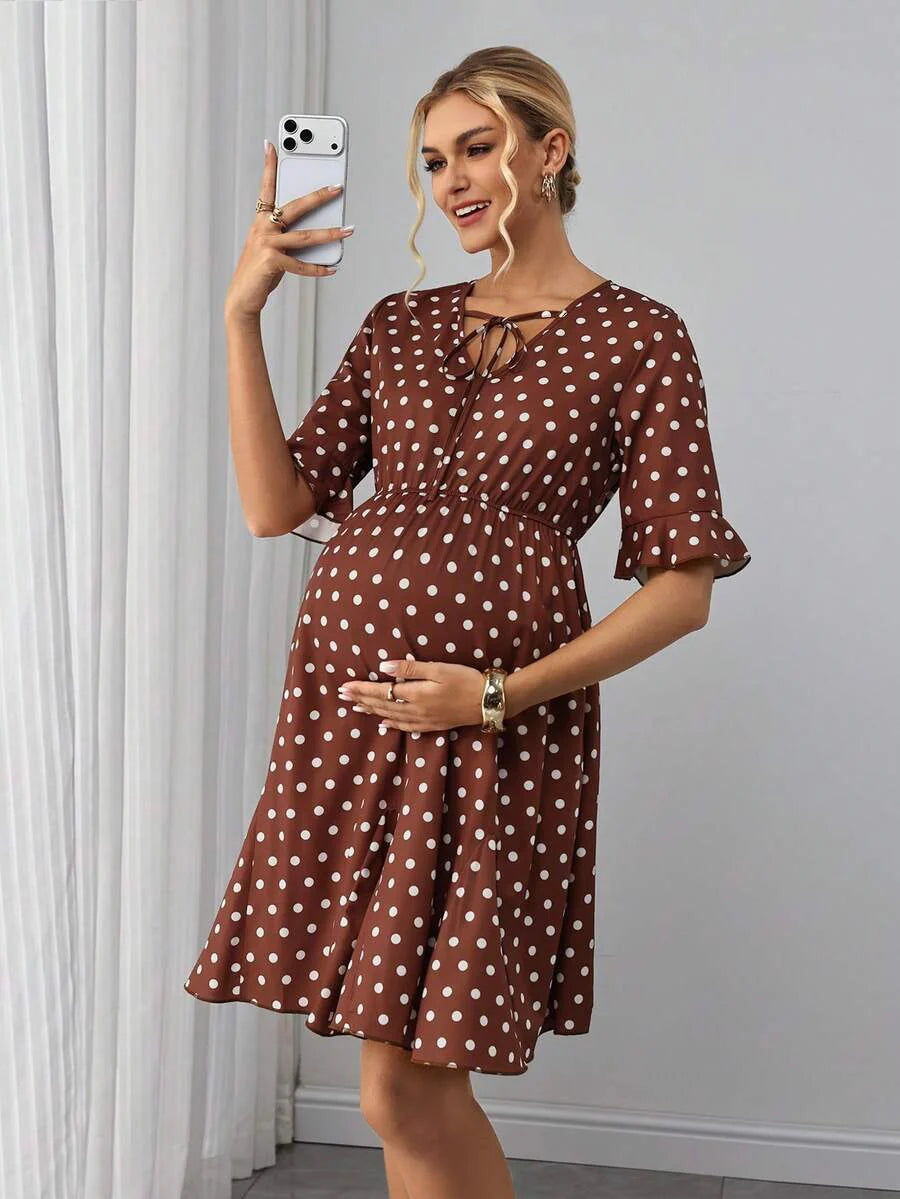 Maternity A-Line Short Dress - V Neck, Roll Up Half Sleeve, Ruffle, Tie Waist, Slim, Brown