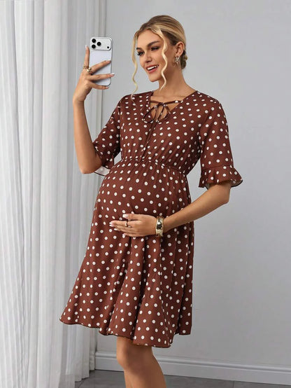 Maternity A-Line Short Dress - V Neck, Roll Up Half Sleeve, Ruffle, Tie Waist, Slim, Brown
