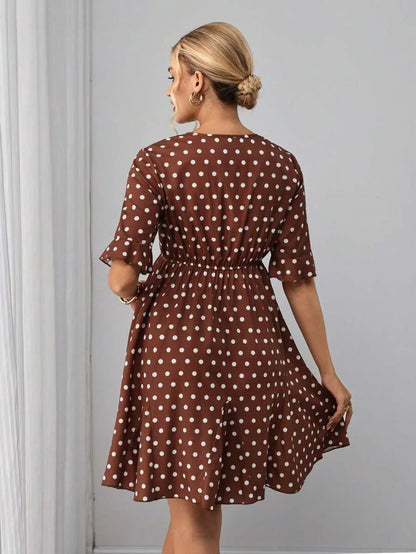 Maternity A-Line Short Dress - V Neck, Roll Up Half Sleeve, Ruffle, Tie Waist, Slim, Brown