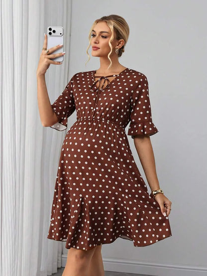Maternity A-Line Short Dress - V Neck, Roll Up Half Sleeve, Ruffle, Tie Waist, Slim, Brown