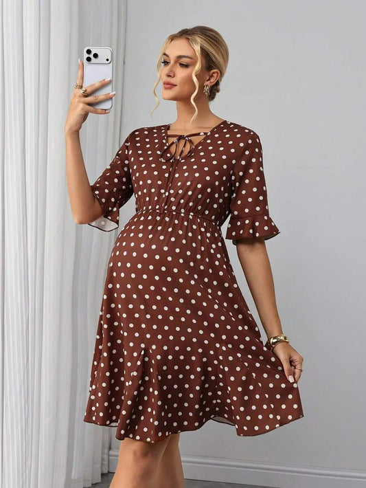 Maternity A-Line Short Dress - V Neck, Roll Up Half Sleeve, Ruffle, Tie Waist, Slim, Brown