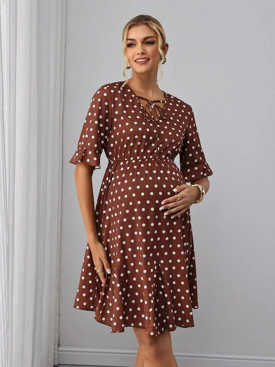 Maternity A-Line Short Dress - V Neck, Roll Up Half Sleeve, Ruffle, Tie Waist, Slim, Brown
