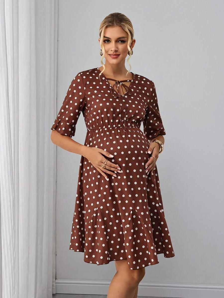 Maternity A-Line Short Dress - V Neck, Roll Up Half Sleeve, Ruffle, Tie Waist, Slim, Brown