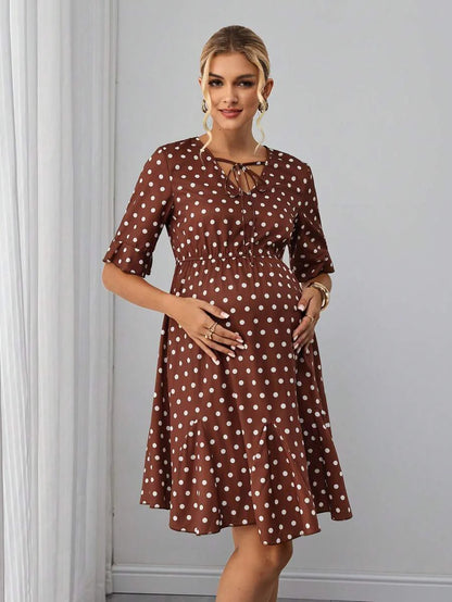 Maternity A-Line Short Dress - V Neck, Roll Up Half Sleeve, Ruffle, Tie Waist, Slim, Brown