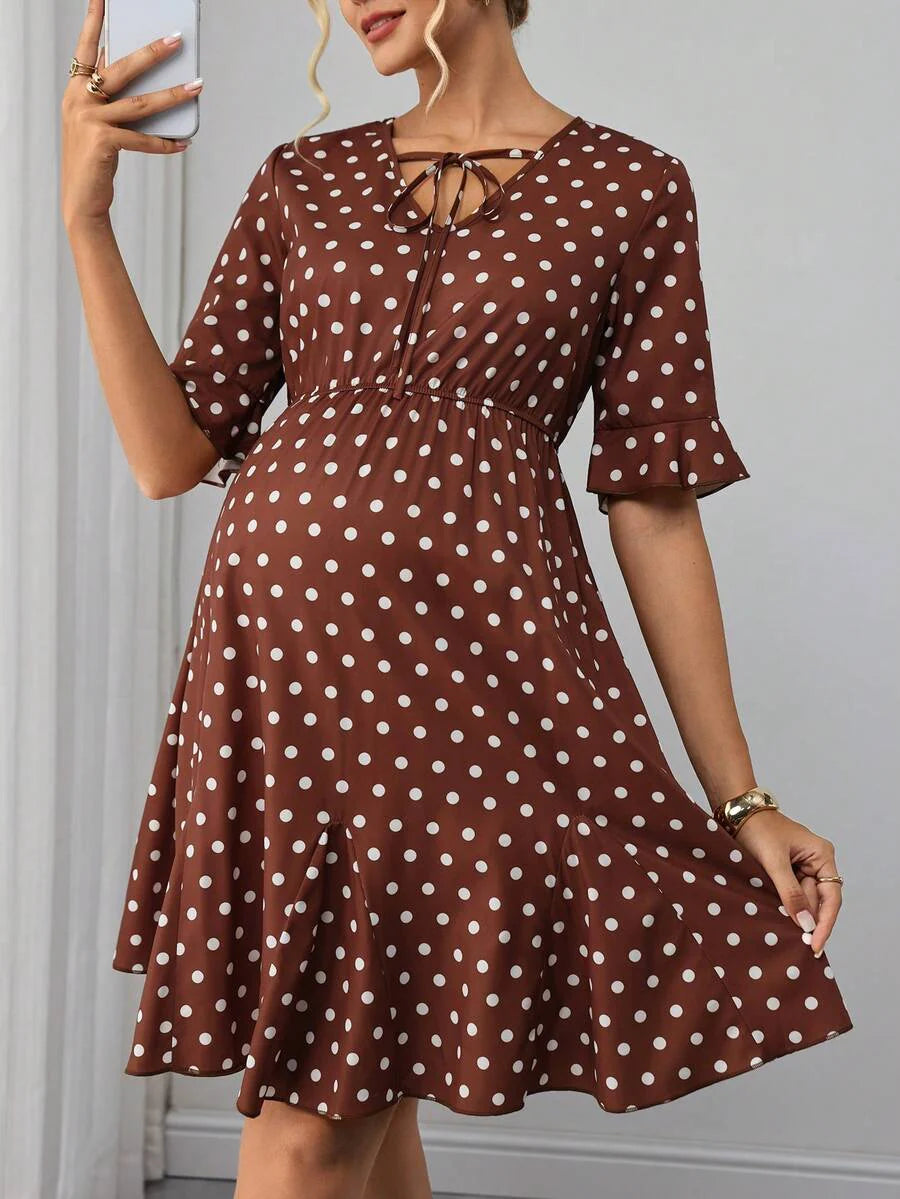 Maternity A-Line Short Dress - V Neck, Roll Up Half Sleeve, Ruffle, Tie Waist, Slim, Brown