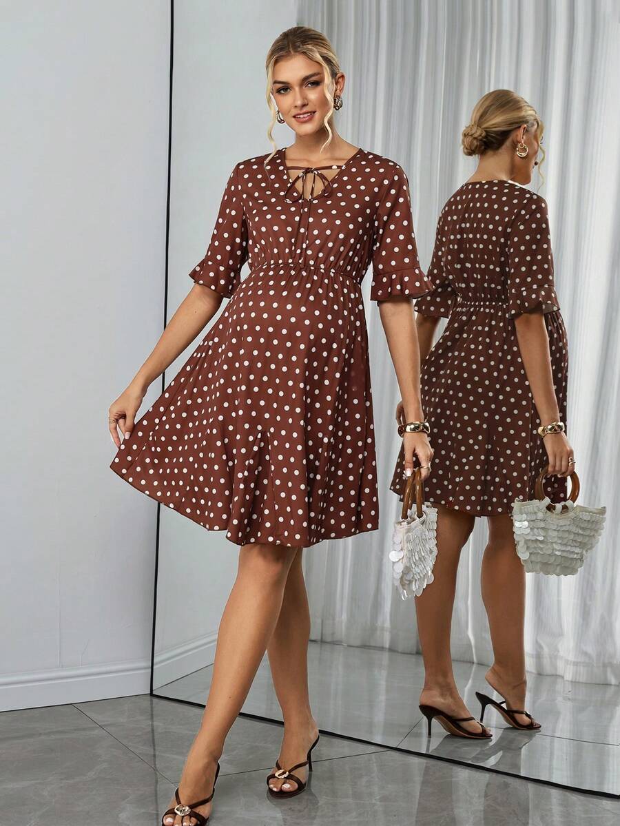 Maternity A-Line Short Dress - V Neck, Roll Up Half Sleeve, Ruffle, Tie Waist, Slim, Brown