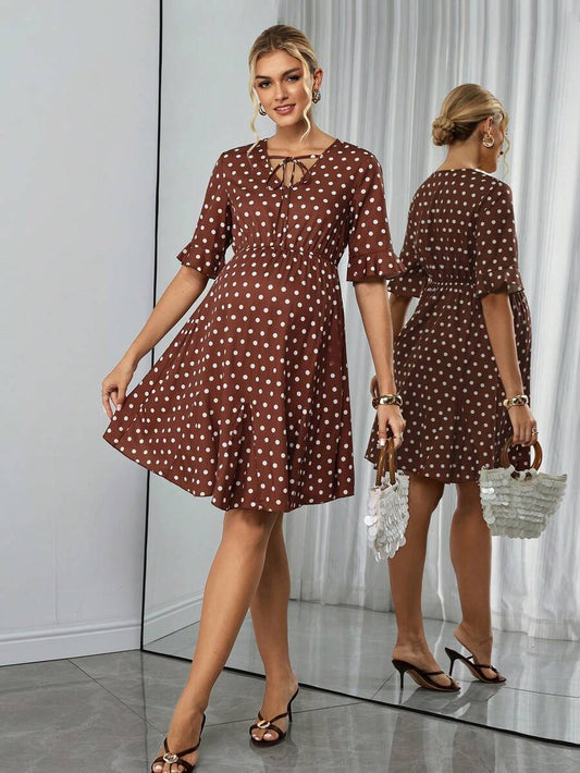 Maternity A-Line Short Dress - V Neck, Roll Up Half Sleeve, Ruffle, Tie Waist, Slim, Brown