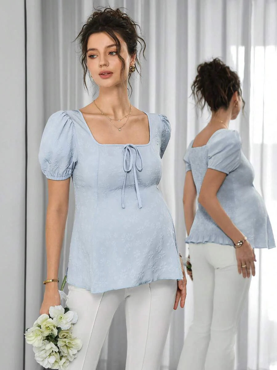 Maternity Jacquard Sweater Top - Square Neck, Puff Short Sleeve, Shirred, Slim Fit, Blue