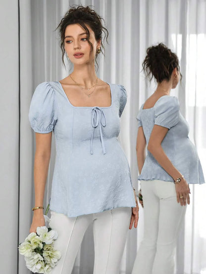 Maternity Jacquard Sweater Top - Square Neck, Puff Short Sleeve, Shirred, Slim Fit, Blue