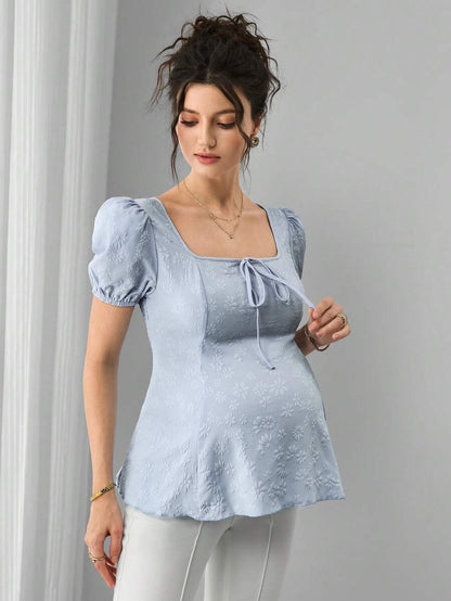 Maternity Jacquard Sweater Top - Square Neck, Puff Short Sleeve, Shirred, Slim Fit, Blue