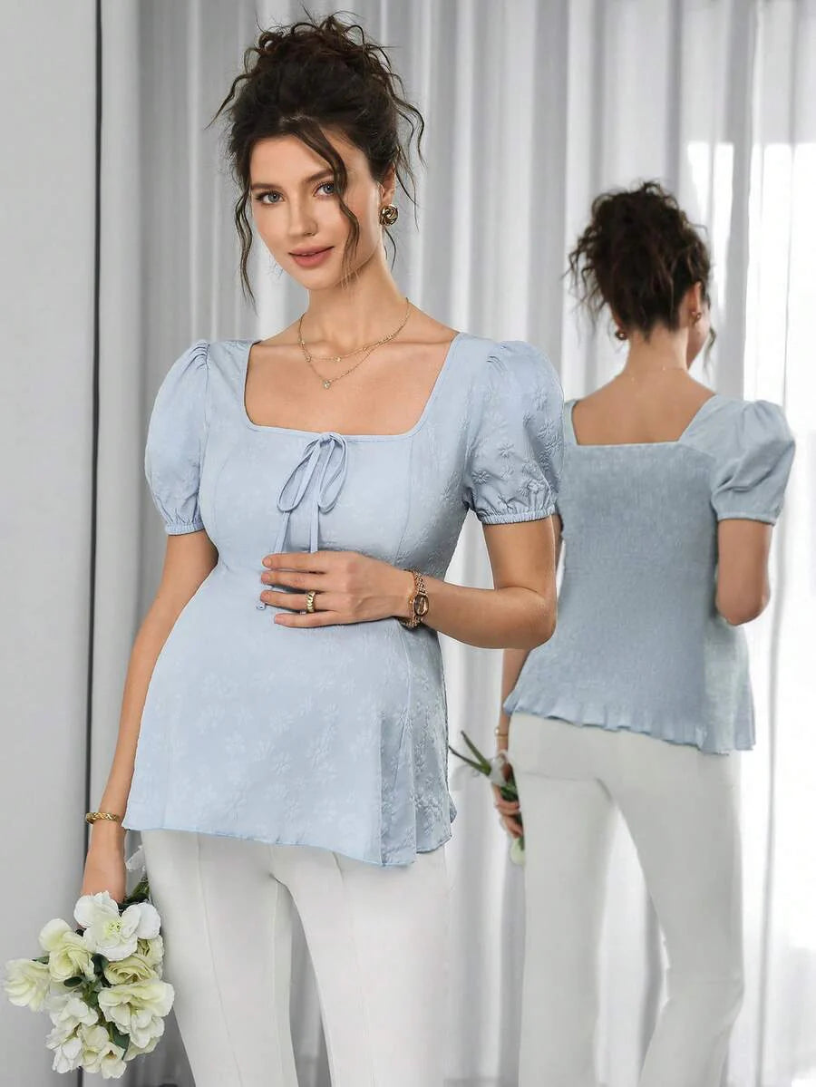 Maternity Jacquard Sweater Top - Square Neck, Puff Short Sleeve, Shirred, Slim Fit, Blue