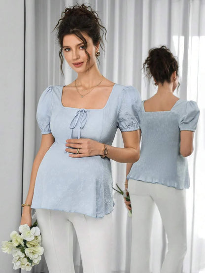 Maternity Jacquard Sweater Top - Square Neck, Puff Short Sleeve, Shirred, Slim Fit, Blue