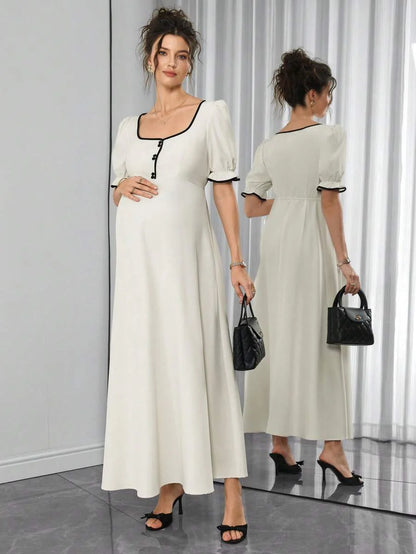 Maternity Floral A-Line Maxi Dress - Queen Anne Neckline, Puff Half Sleeve, Ruffle, Slim Fit, Multicolor
