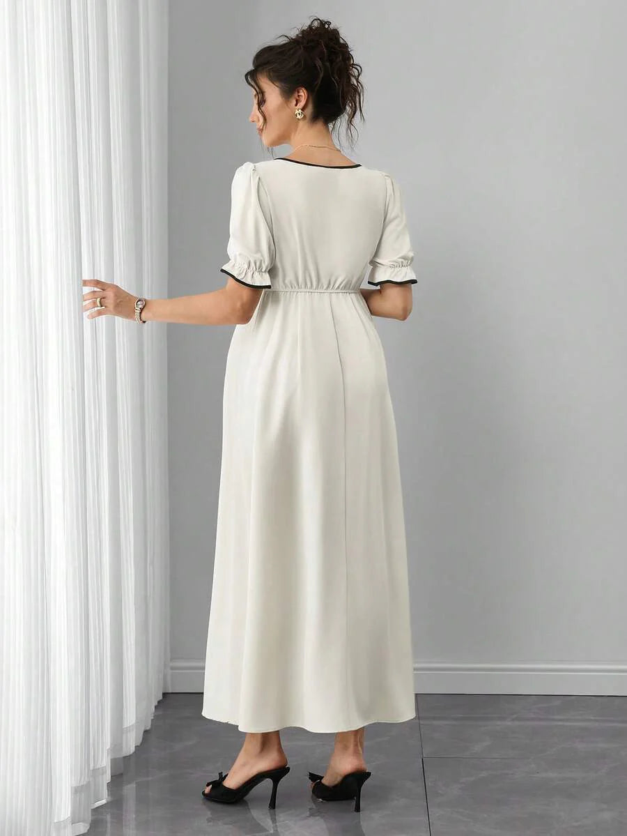 Maternity Floral A-Line Maxi Dress - Queen Anne Neckline, Puff Half Sleeve, Ruffle, Slim Fit, Multicolor