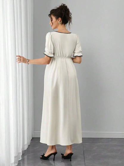 Maternity Floral A-Line Maxi Dress - Queen Anne Neckline, Puff Half Sleeve, Ruffle, Slim Fit, Multicolor