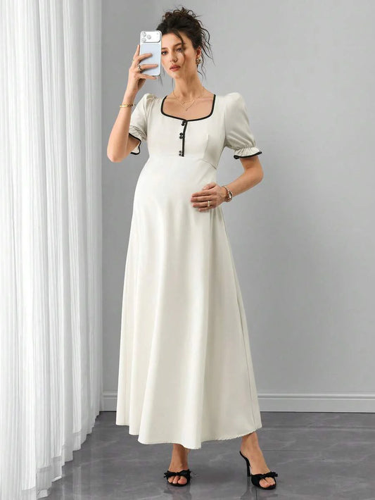 Maternity Floral A-Line Maxi Dress - Queen Anne Neckline, Puff Half Sleeve, Ruffle, Slim Fit, Multicolor