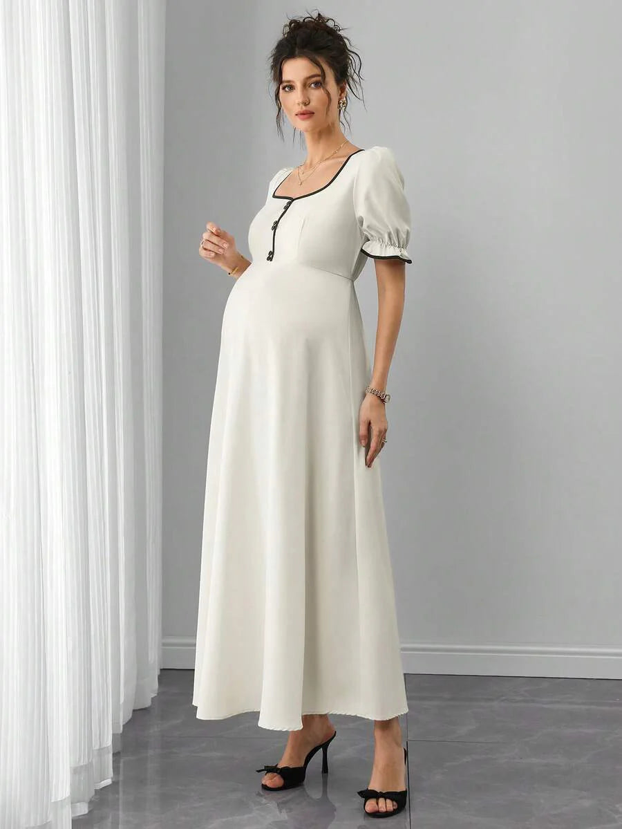 Maternity Floral A-Line Maxi Dress - Queen Anne Neckline, Puff Half Sleeve, Ruffle, Slim Fit, Multicolor