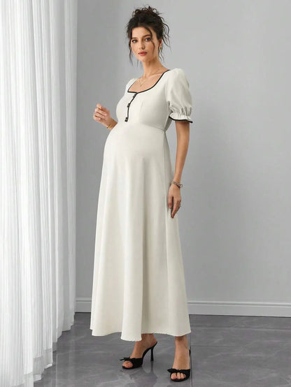 Maternity Floral A-Line Maxi Dress - Queen Anne Neckline, Puff Half Sleeve, Ruffle, Slim Fit, Multicolor