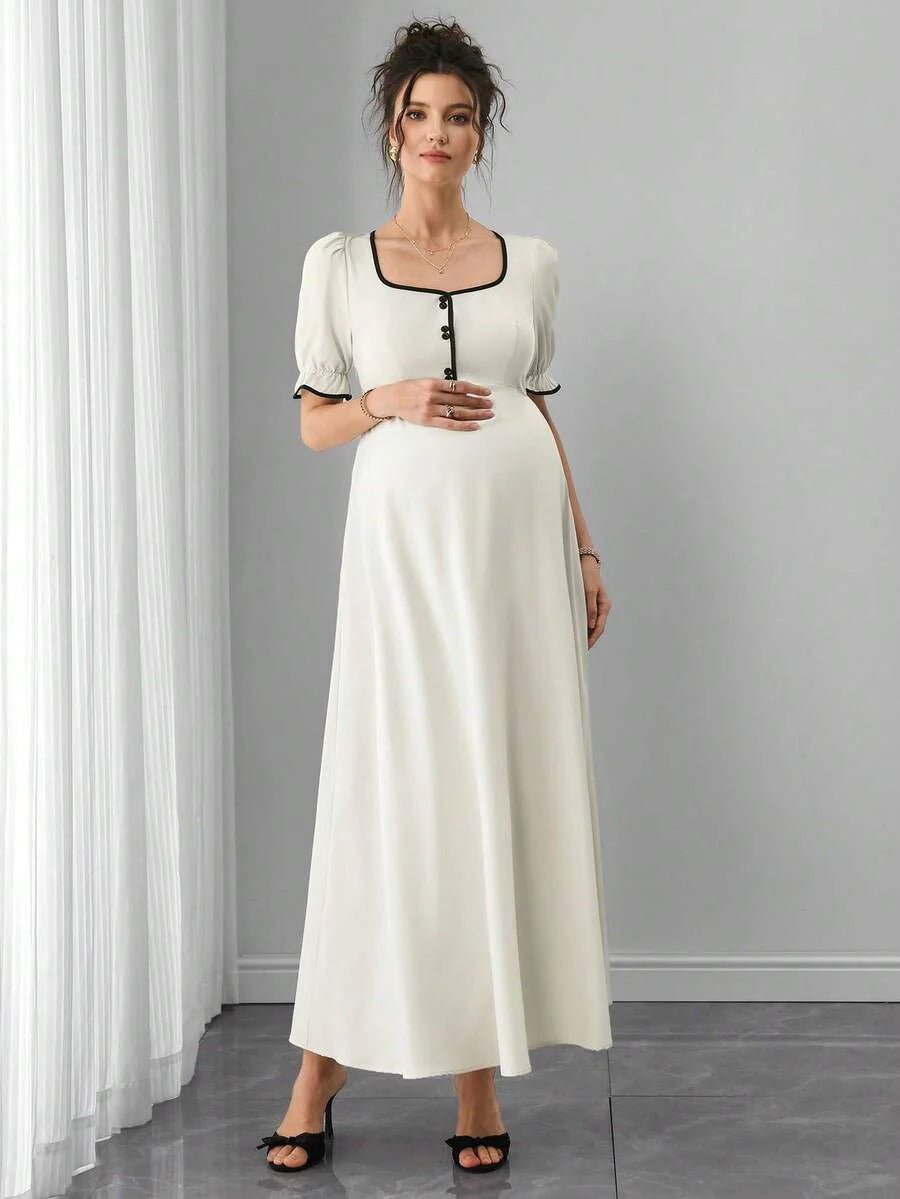 Maternity Floral A-Line Maxi Dress - Queen Anne Neckline, Puff Half Sleeve, Ruffle, Slim Fit, Multicolor