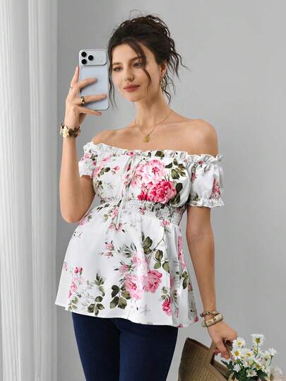 Maternity Floral Top - Off Shoulder, Puff Short Sleeve, Shirred, Regular Fit, Multicolor