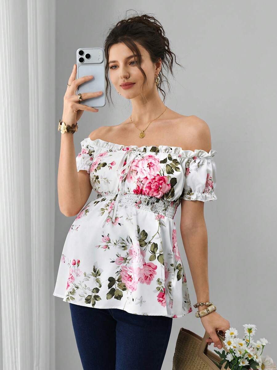 Maternity Floral Top - Off Shoulder, Puff Short Sleeve, Shirred, Regular Fit, Multicolor