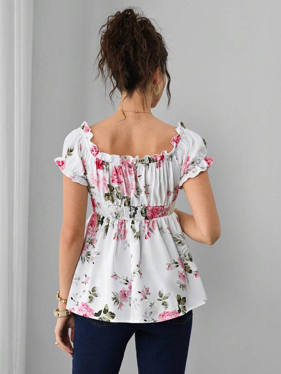 Maternity Floral Top - Off Shoulder, Puff Short Sleeve, Shirred, Regular Fit, Multicolor