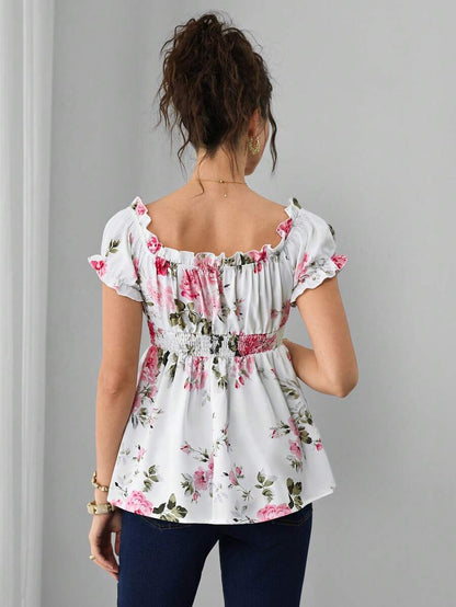 Maternity Floral Top - Off Shoulder, Puff Short Sleeve, Shirred, Regular Fit, Multicolor