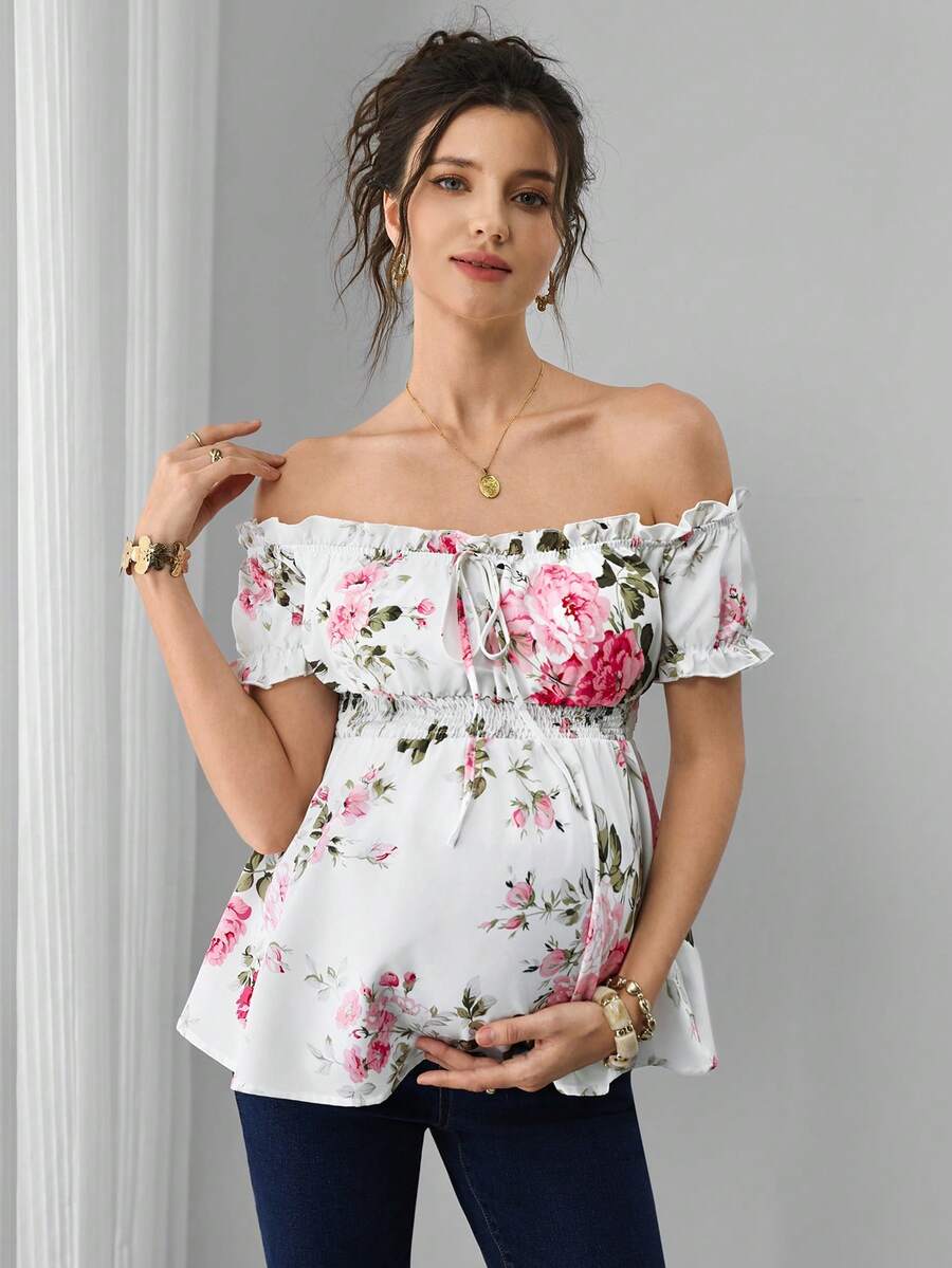 Maternity Floral Top - Off Shoulder, Puff Short Sleeve, Shirred, Regular Fit, Multicolor