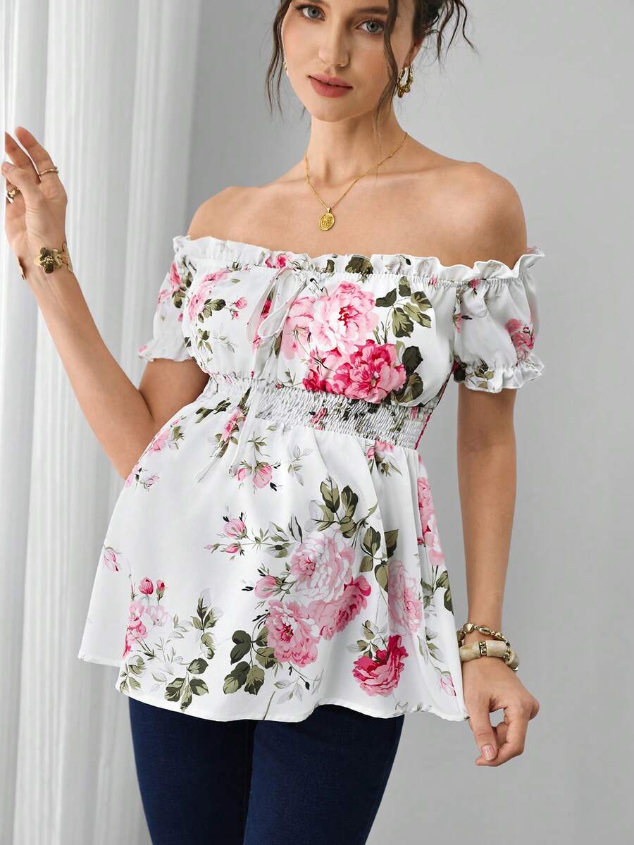Maternity Floral Top - Off Shoulder, Puff Short Sleeve, Shirred, Regular Fit, Multicolor