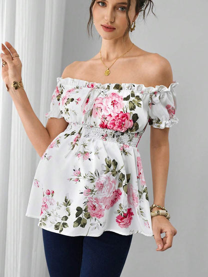 Maternity Floral Top - Off Shoulder, Puff Short Sleeve, Shirred, Regular Fit, Multicolor
