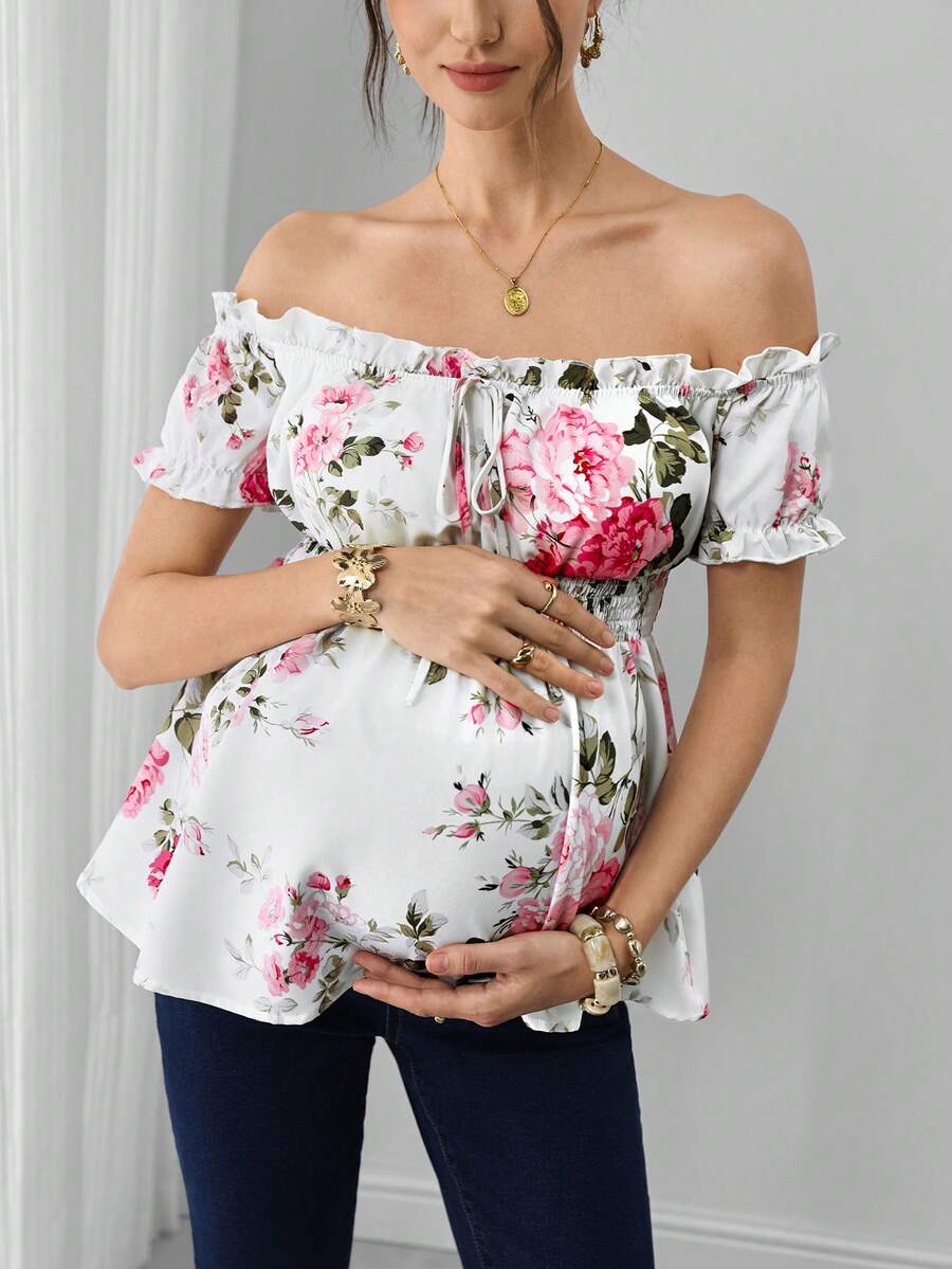 Maternity Floral Top - Off Shoulder, Puff Short Sleeve, Shirred, Regular Fit, Multicolor