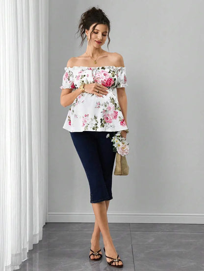 Maternity Floral Top - Off Shoulder, Puff Short Sleeve, Shirred, Regular Fit, Multicolor