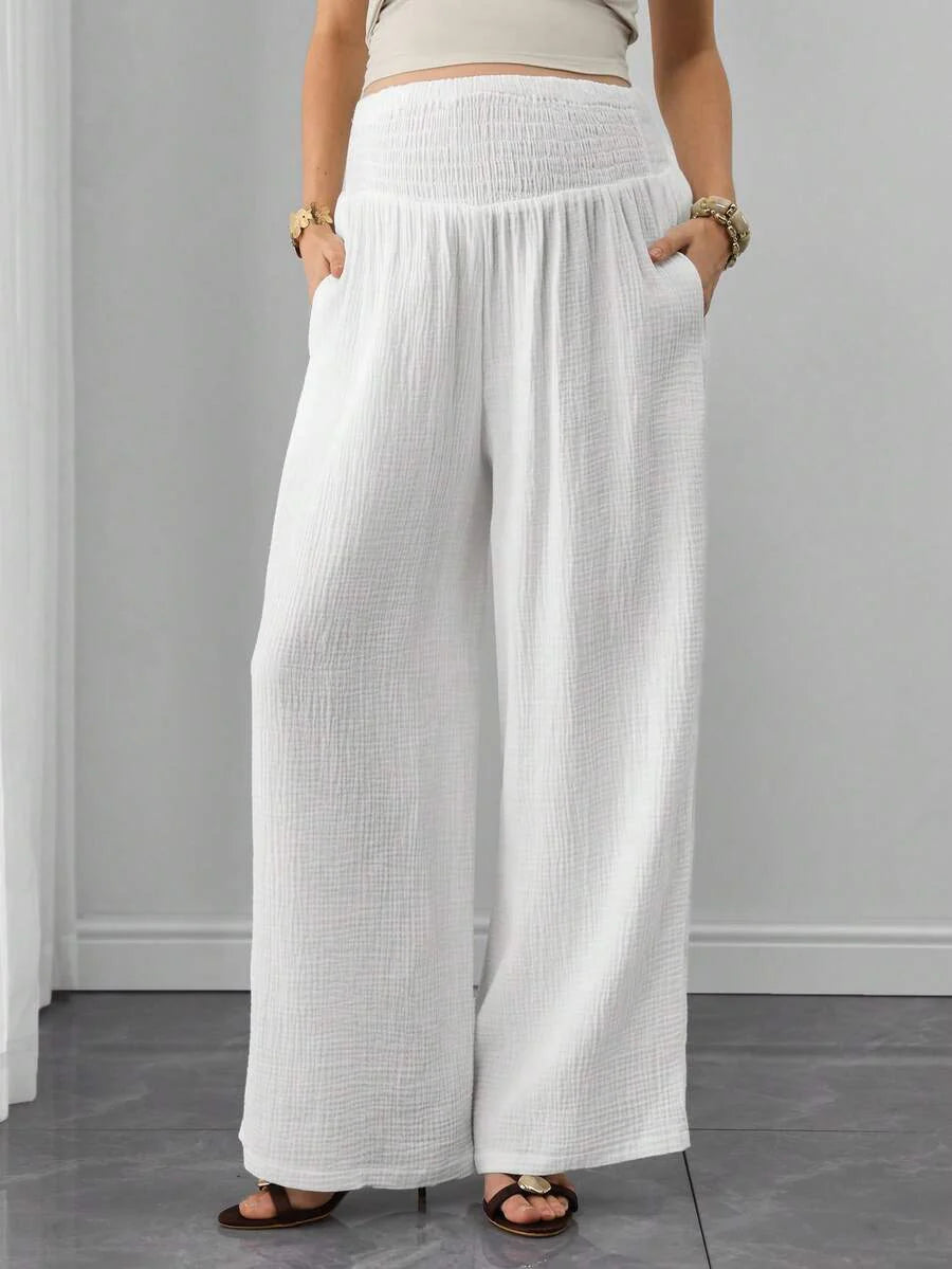Maternity Cotton Wide Leg Pants - Drawstring Waist, Shirred, Pocket, Loose, High Waist, White