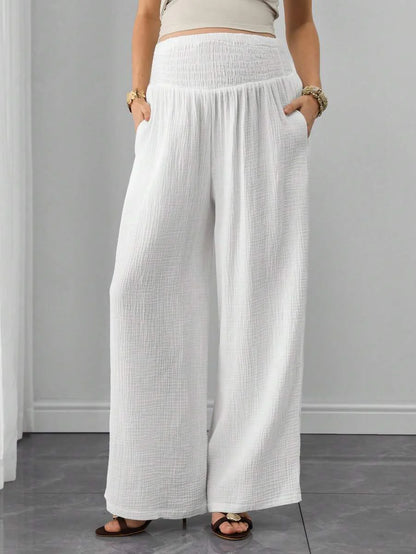 Maternity Cotton Wide Leg Pants - Drawstring Waist, Shirred, Pocket, Loose, High Waist, White