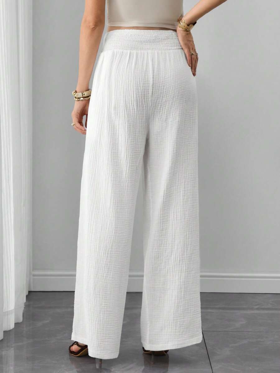 Maternity Cotton Wide Leg Pants - Drawstring Waist, Shirred, Pocket, Loose, High Waist, White