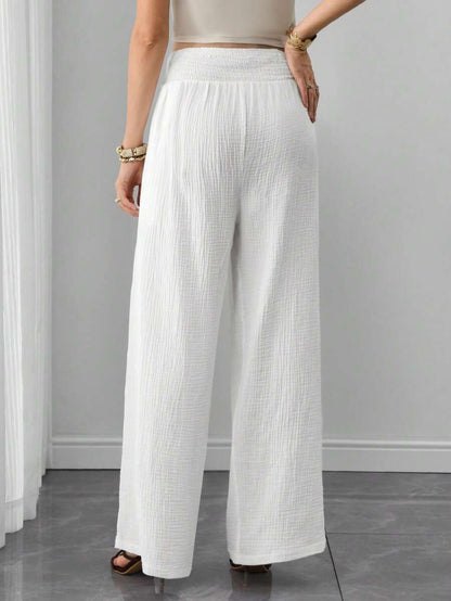 Maternity Cotton Wide Leg Pants - Drawstring Waist, Shirred, Pocket, Loose, High Waist, White