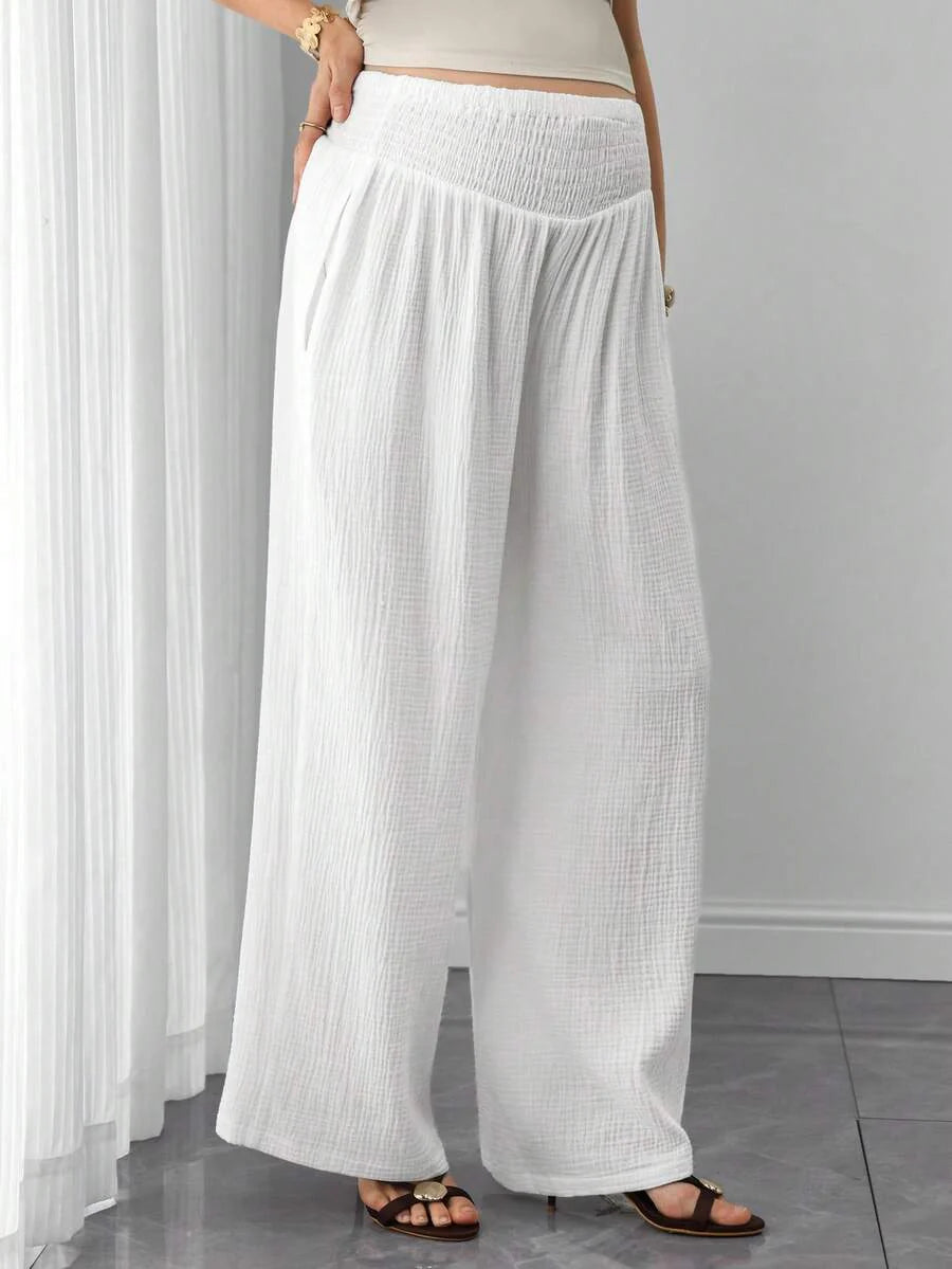 Maternity Cotton Wide Leg Pants - Drawstring Waist, Shirred, Pocket, Loose, High Waist, White