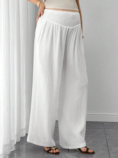 Maternity Cotton Wide Leg Pants - Drawstring Waist, Shirred, Pocket, Loose, High Waist, White