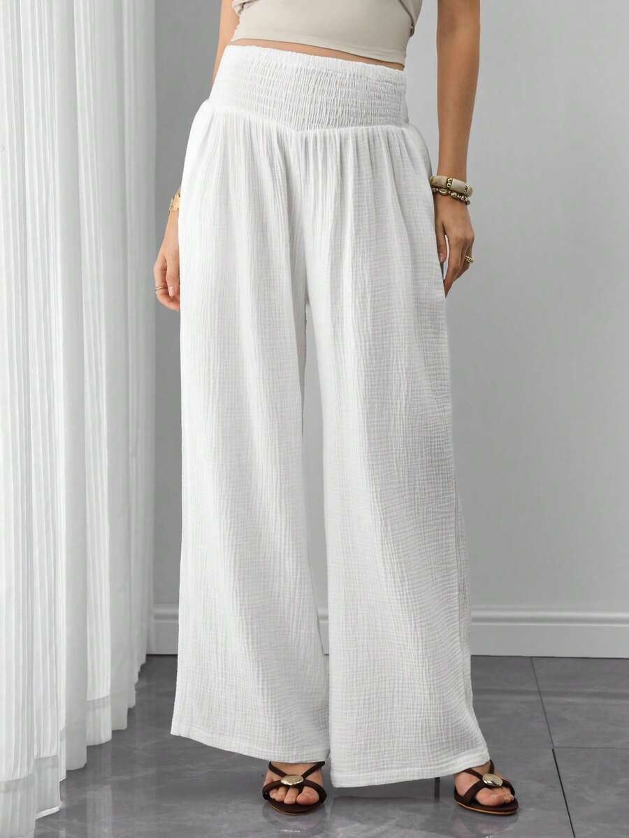 Maternity Cotton Wide Leg Pants - Drawstring Waist, Shirred, Pocket, Loose, High Waist, White