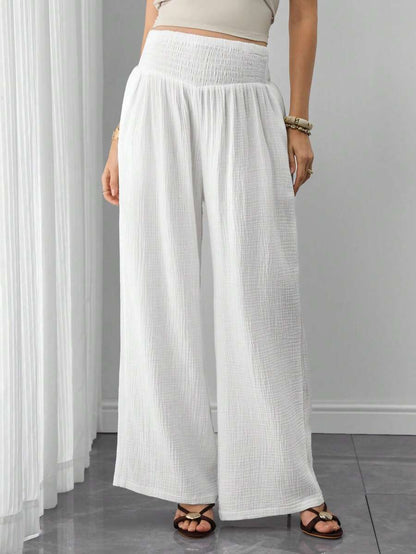 Maternity Cotton Wide Leg Pants - Drawstring Waist, Shirred, Pocket, Loose, High Waist, White